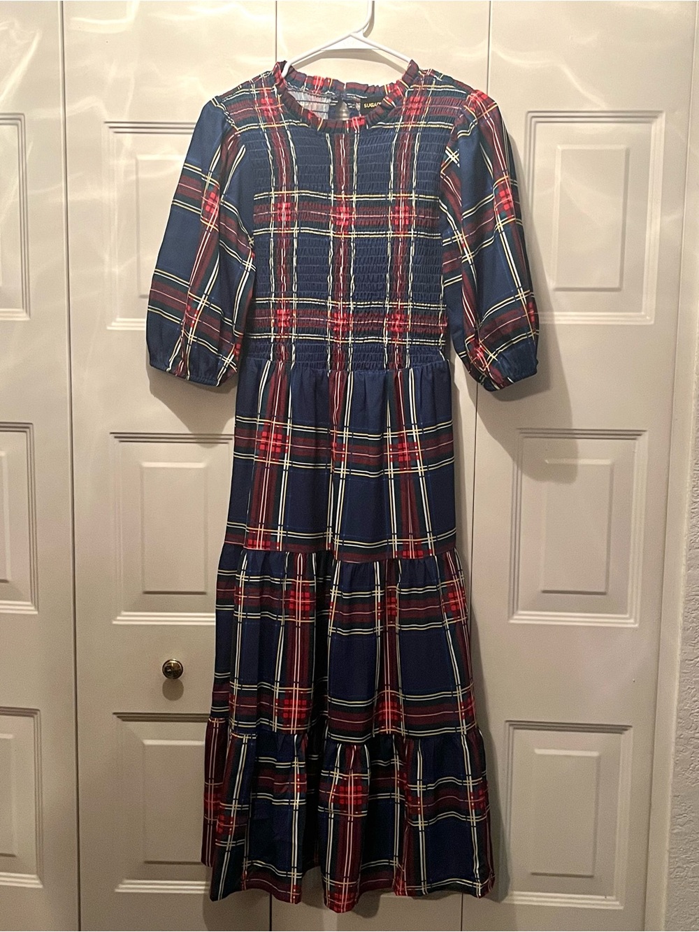 Sugarlips Lakeview Plaid Smocked Tiered Puff Sleeve Midi Dress Blue Red Small